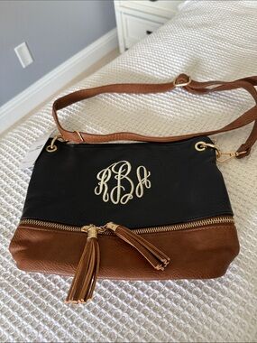 Black and Brown Monogram Crossbody Bag with Tassel Detail